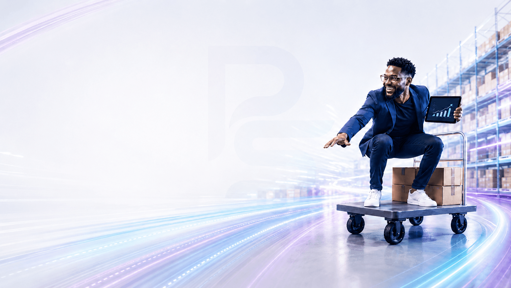 Produsell specialist on a warehouse trolley holding a tablet showing growth metrics
