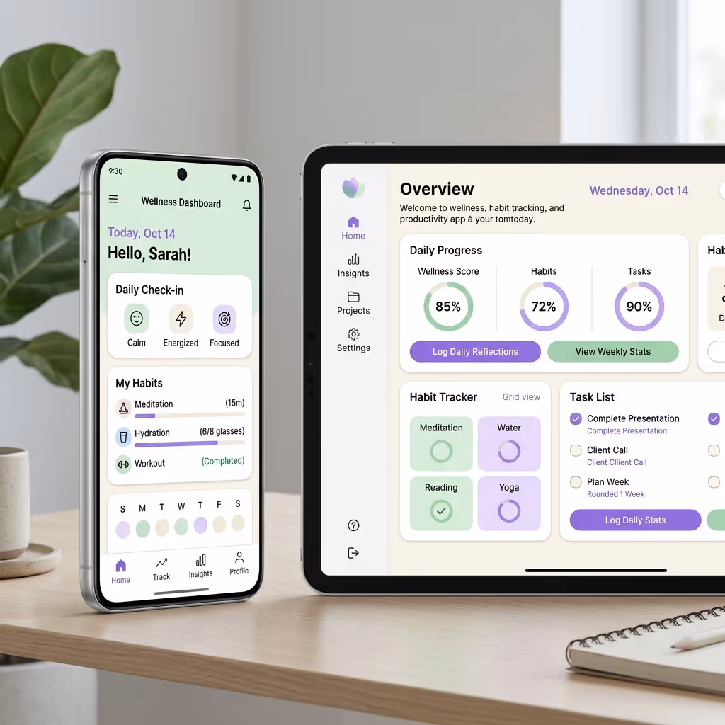 Smartphone and tablet on a desk showing a wellness and productivity app with habit tracking and progress dashboards